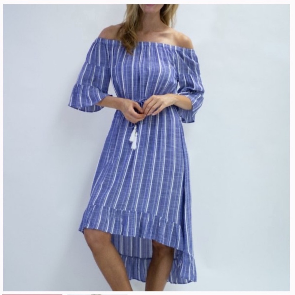 Spiaggia Dolce NWOT Striped Boho Off the Shoulder Dress High Low Hem Size Large - Picture 1 of 16